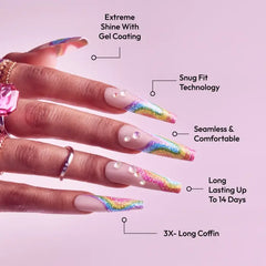 Ivy Beauty Glitzy 3D Handmade Press-On Nails – Rainbow Sugar Glitter French (3X-Long Coffin)