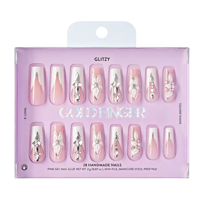 Ivy Beauty Glitzy 3D Handmade Press-On Nails - White Flower & Gem French (X-Long Square)