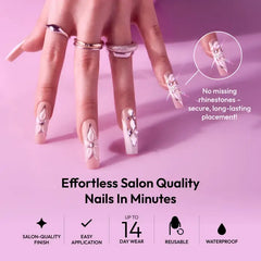 Ivy Beauty Glitzy 3D Handmade Press-On Nails - White Flower & Gem French (X-Long Square)