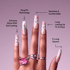 Ivy Beauty Glitzy 3D Handmade Press-On Nails - White Flower & Gem French (X-Long Square)