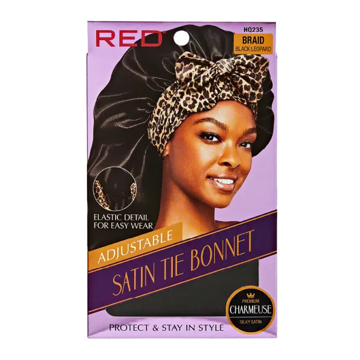 Red By Kiss Adjustable Satin Bonnet with Tie Band Braid - Black Leopard