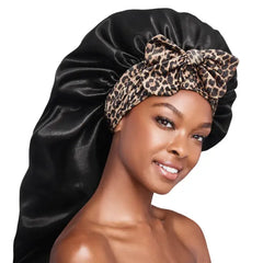 Red By Kiss Adjustable Satin Bonnet with Tie Band Braid - Black Leopard