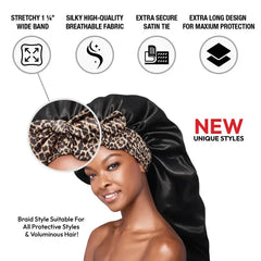 Red By Kiss Adjustable Satin Bonnet with Tie Band Braid - Black Leopard