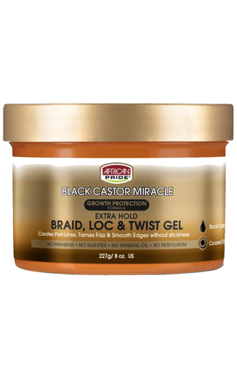 AFRICAN PRIDE BLACK CASTOR MIRACLE EXTRA HOLD BRAID, LOC & TWIST GEL 8OZ