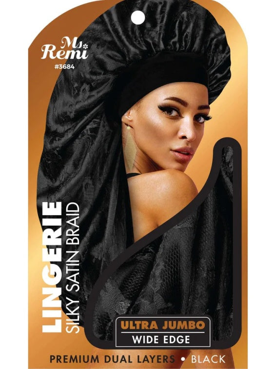 Ms. REMI LINGERIE WIDE EDGE SILKY BRAID BONNET ULTRA JUMBO BLACK