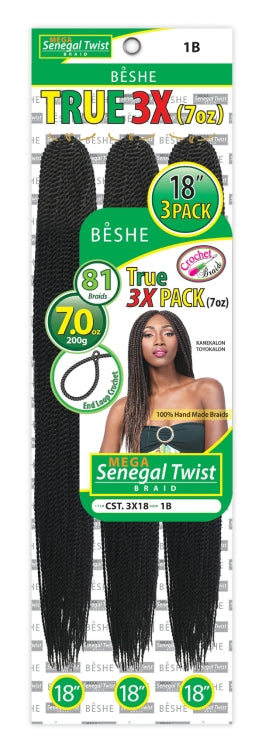 BESHE SYNTHETIC CROCHET BRAID MEGA SENEGAL TWIST BRAID 3PACKS 18" 18" 18"